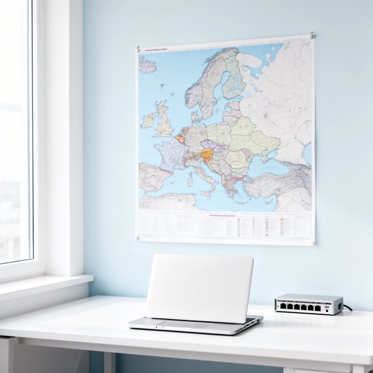 Desk with a closed laptop and a network switch in front of a wall map of Europe